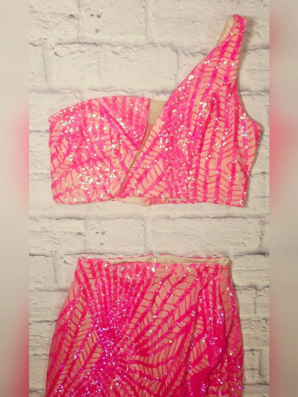 Neon Pink Sequin Two Piece Formal Set One Shoulder Crop Top Maxi Skirt